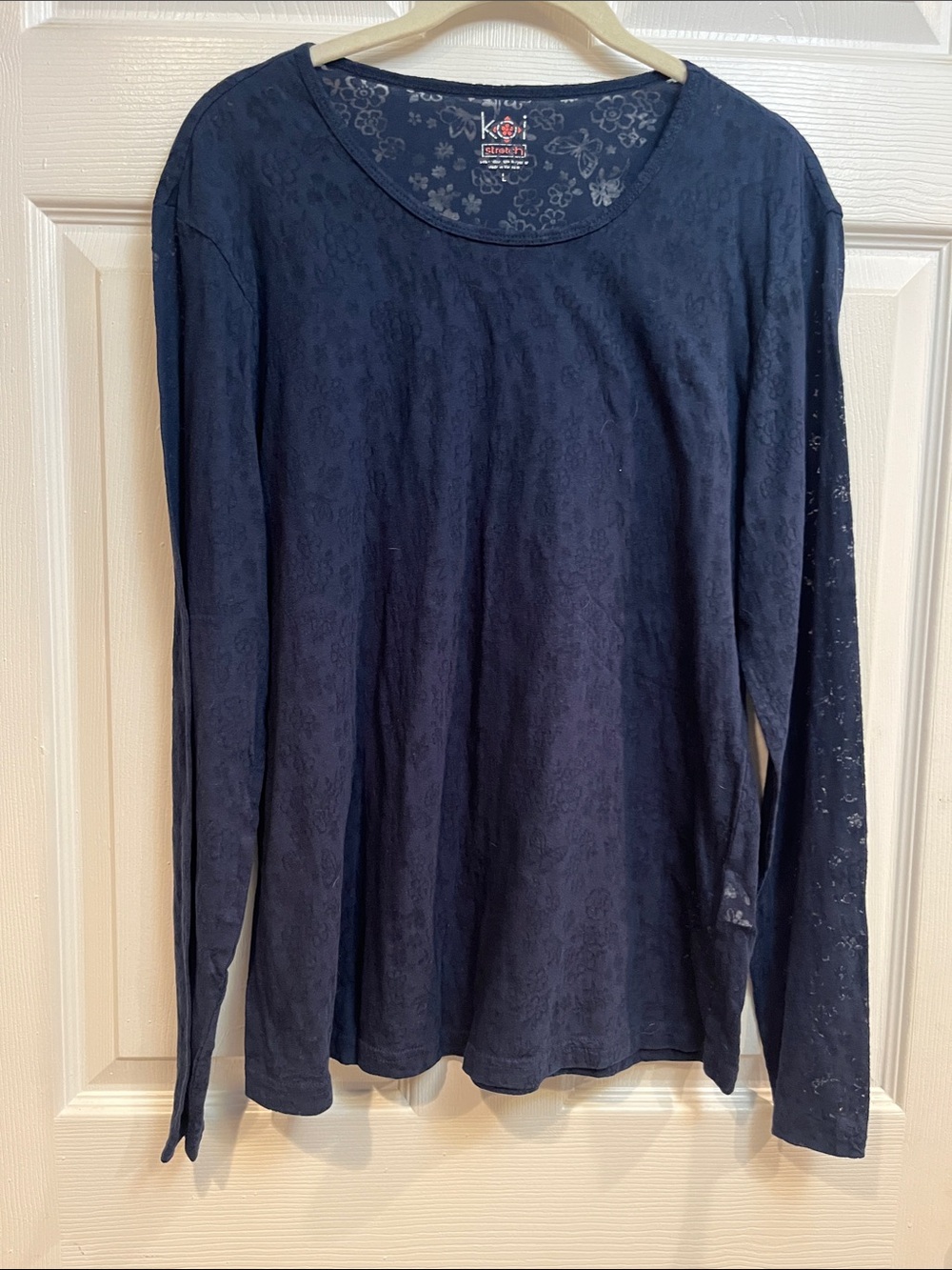koi Navy Long Sleeve Stretch Fabric Sheer Floral-Texture Underscrub Top
